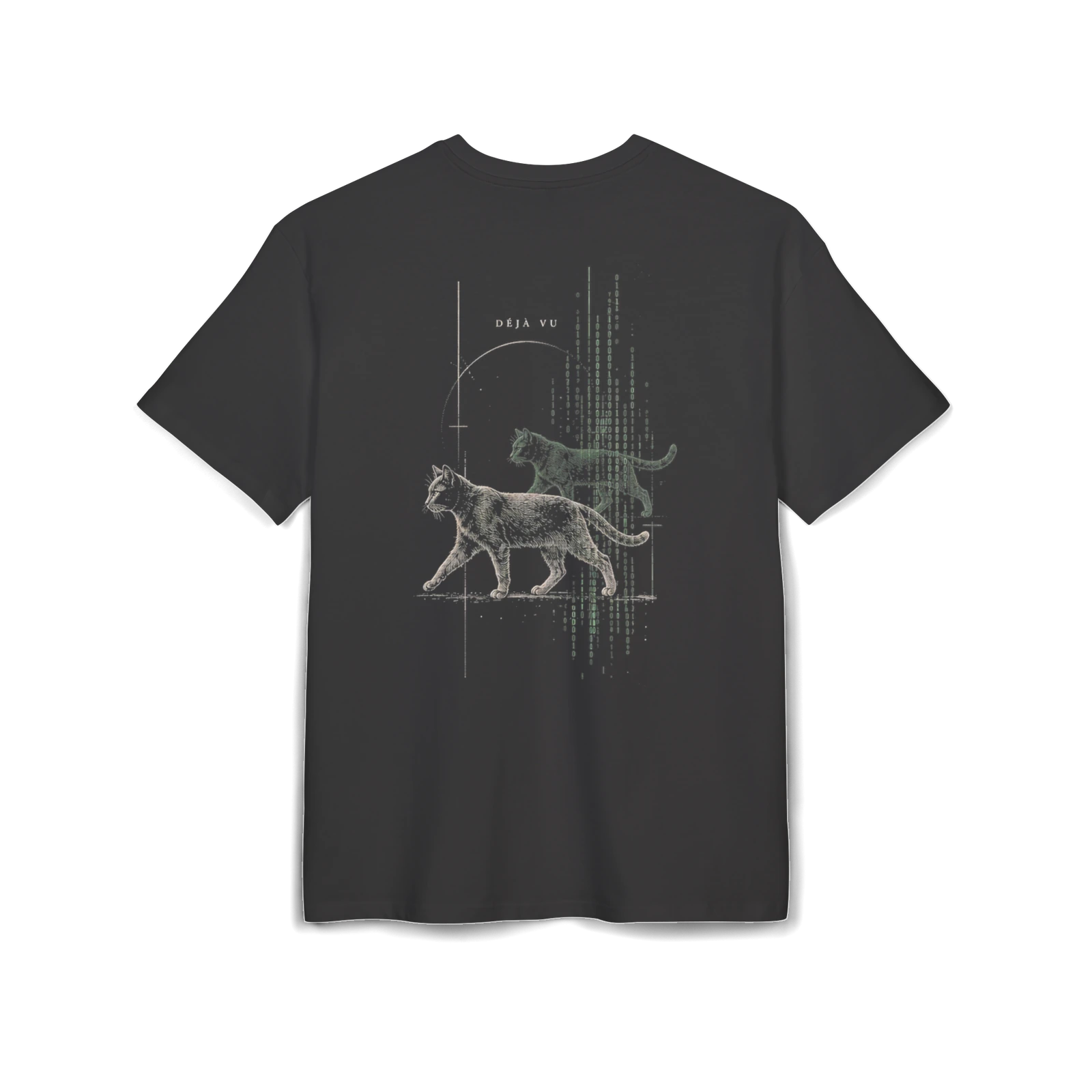Back of the black DÉJÀ VU T-shirt: two engraved cats, falling green code and fine geometric lines.