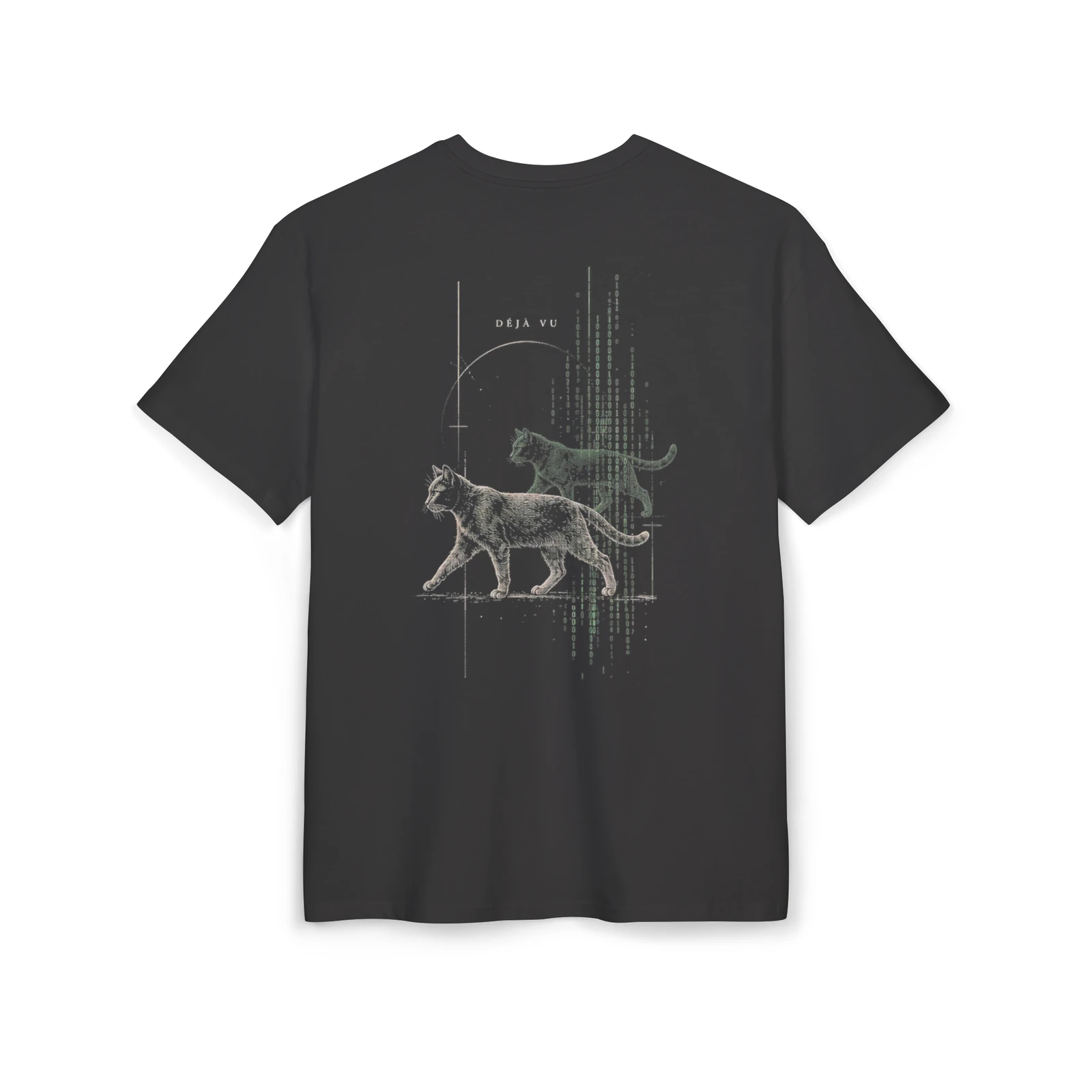 Back of the black DÉJÀ VU T-shirt: two engraved cats, falling green code, thin geometric lines and DÉJÀ VU lettering.
