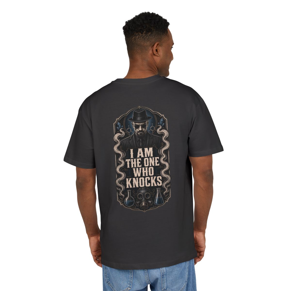 Man wearing The One Who Knocks, back view