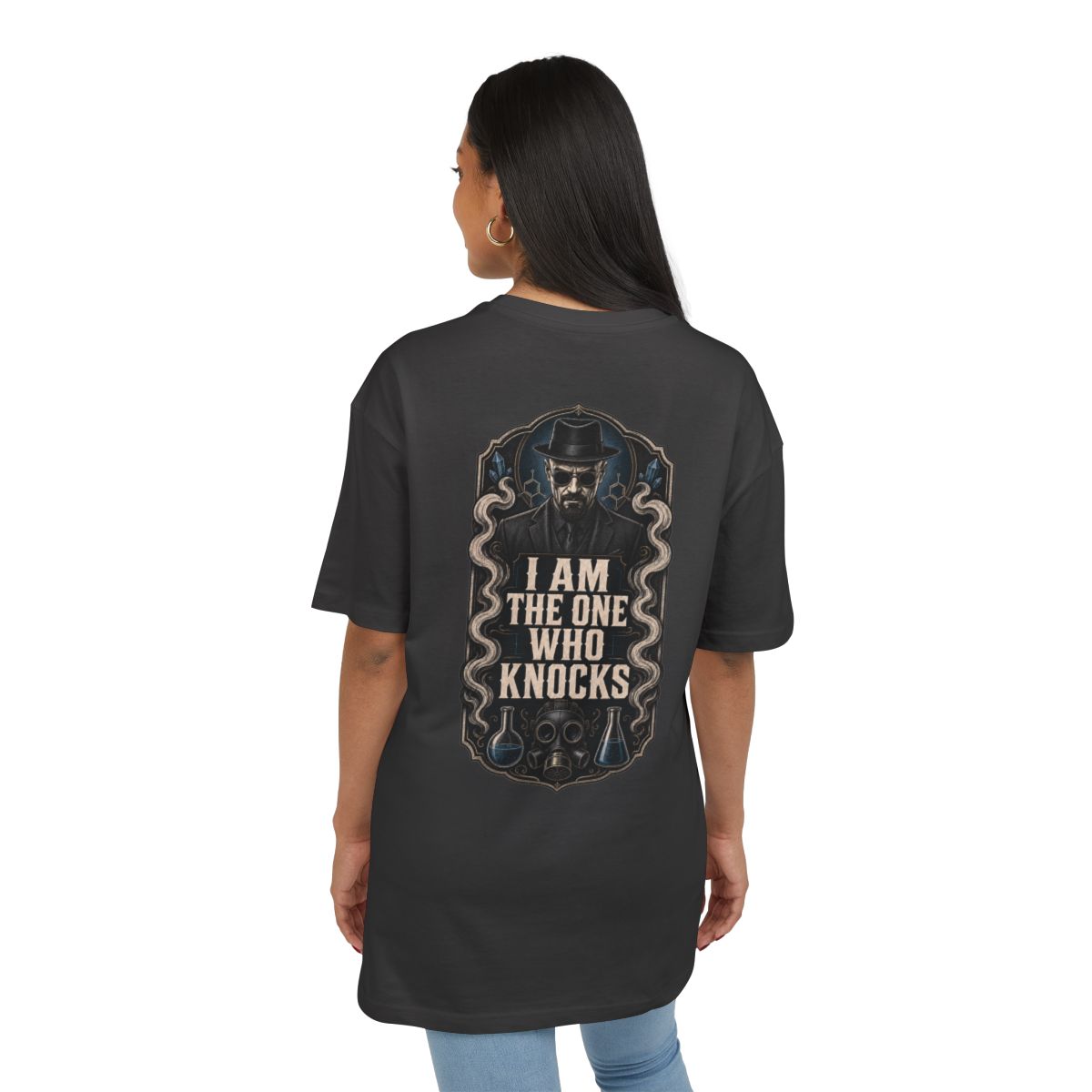 Woman wearing The One Who Knocks, back view